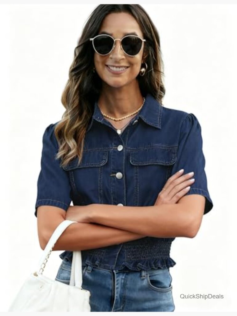 Short Sleeve Denim Peplum Crop Top Ruffle Hem Button Down Shirt Jacket - Picture 5 of 7